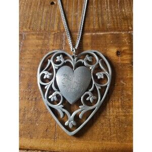 Vintage Reed and Barton Pewter Pendant Necklace Heart Shaped Cut Outs  30” Chain